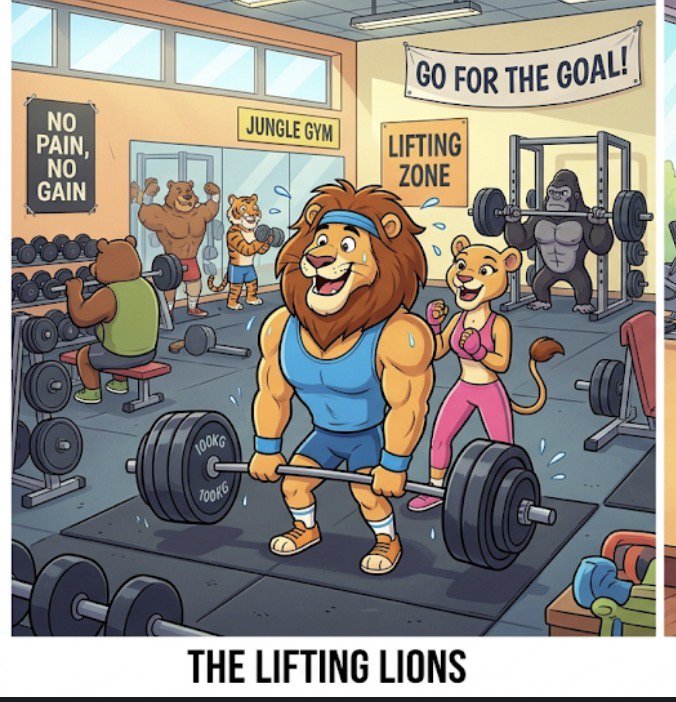 Cartoon of anthropomorphic lions and jungle animals lifting weights in a gym with motivational si...
