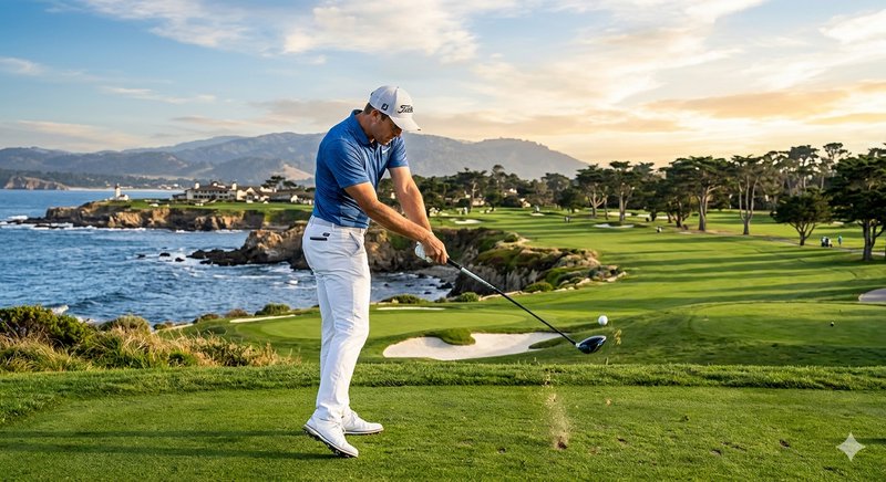 Male golfer in blue shirt and white pants swinging on a coastal golf course at sunset