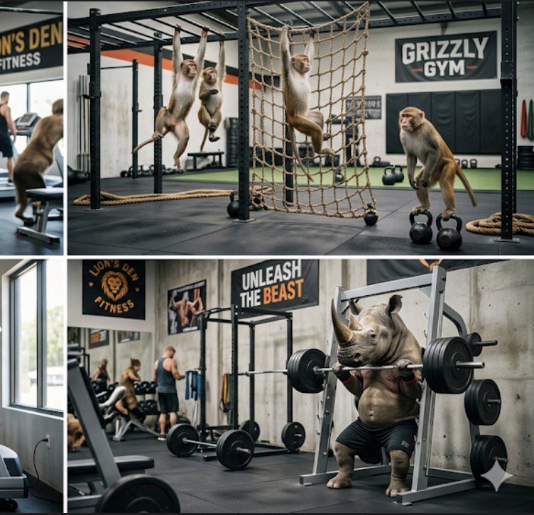 Group of chimpanzees exercising in a modern gym with ropes, nets, and barbells.