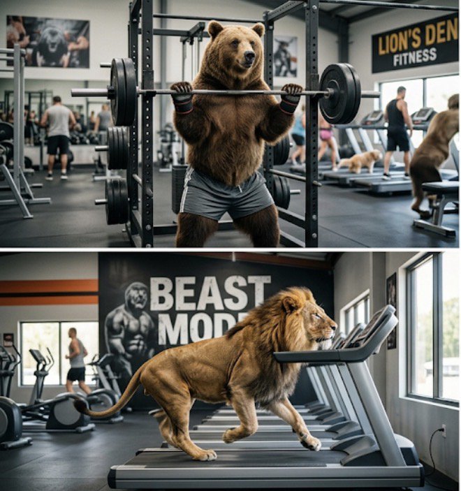 Brown bear lifting a barbell in a gym; another bear on a treadmill under a 'Beast Mode' sign.