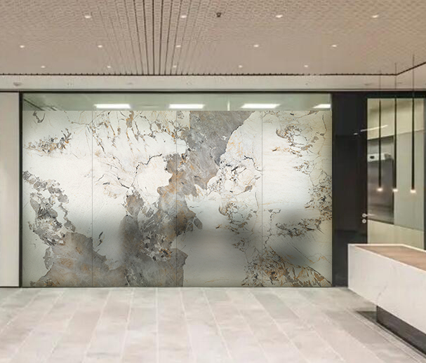 Large frosted glass wall with abstract marble pattern in a modern office lobby.