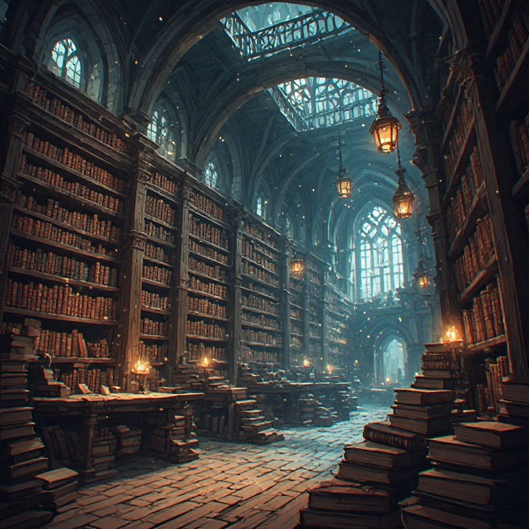 Grand medieval library with towering bookshelves, stone arches, and glowing lanterns.