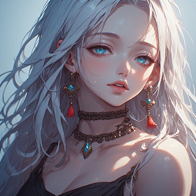Anime-style portrait of a pale-skinned woman with long white hair, blue eyes, and ornate jewelry.