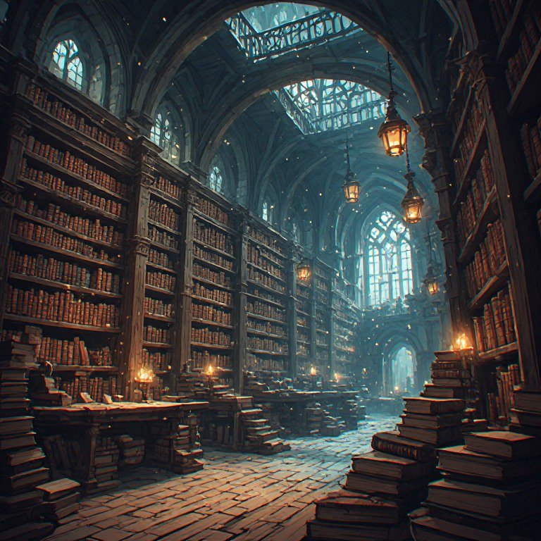 Grand medieval library with towering bookshelves, stone arches, and glowing lanterns.