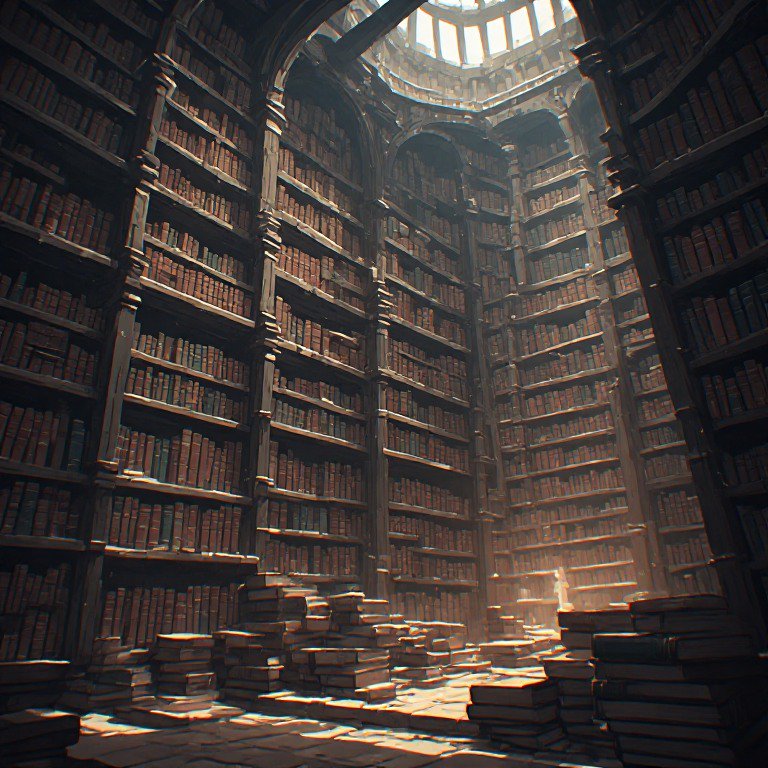 Circular ancient library with towering wooden shelves filled with old books and warm skylight glow