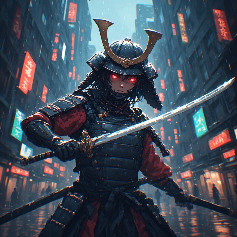 Dark armored samurai with glowing red eyes and twin katanas in a rain-soaked neon city alley