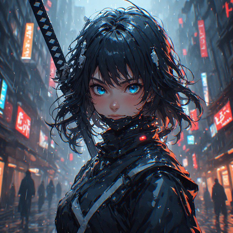Anime-style female character with blue eyes in a rainy neon city, sword strapped to her back.