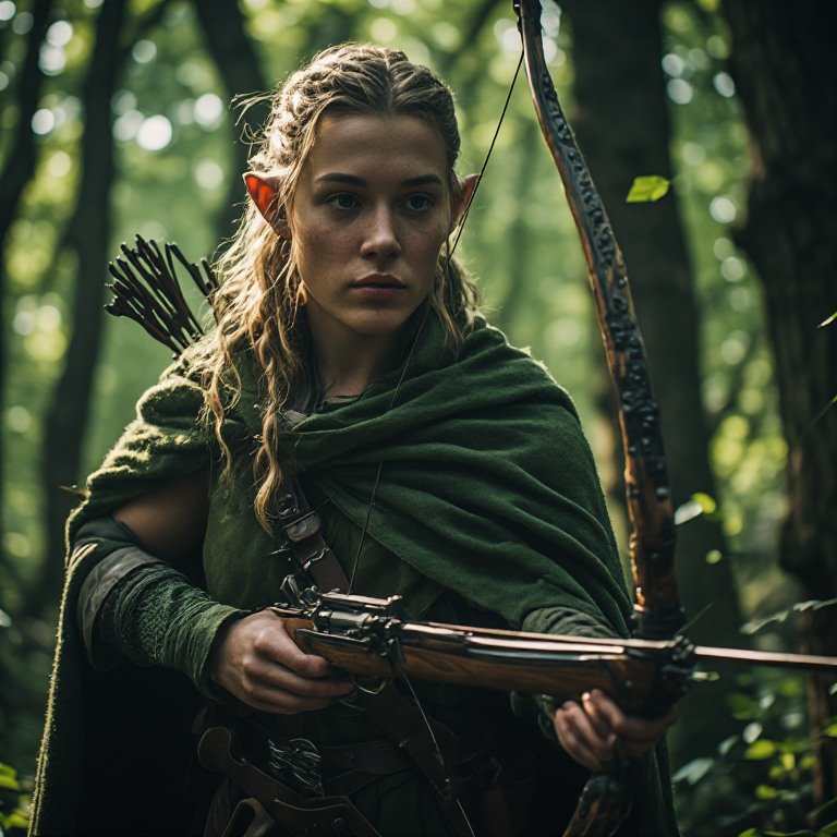 Female elf archer in a green cloak aiming a wooden recurve bow in a dense forest