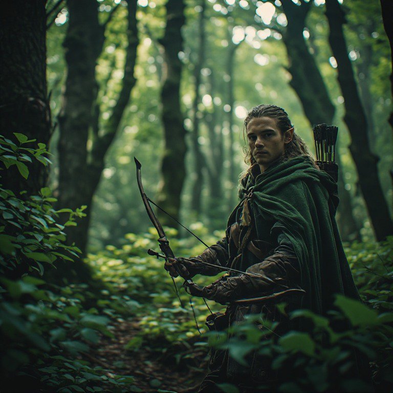Forest-dweller archer in a green cloak aims a bow in a dense, mossy woodland.