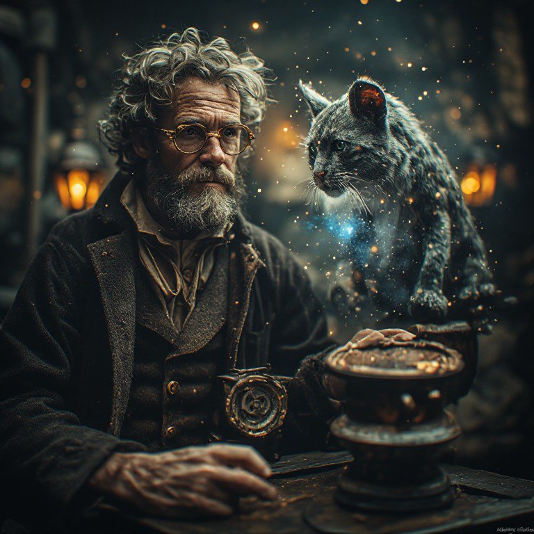 Old bearded man in vintage attire with glasses sits beside a glowing cauldron as a mystical cat p...