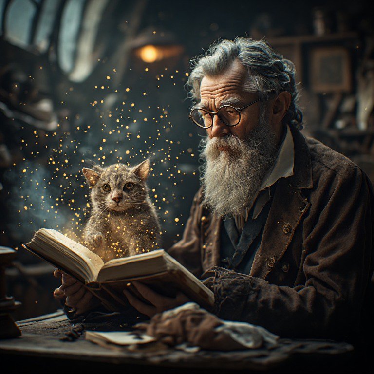 Old bearded man with glasses reading a book beside a curious cat amid tiny magical sparkles.