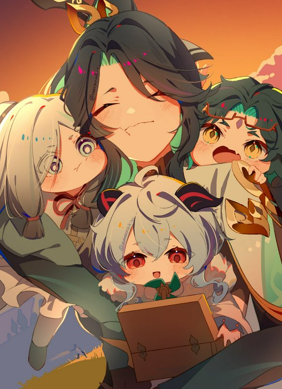 Group of four cute anime girls sharing a warm sunset hug, with one child holding a treasure chest...