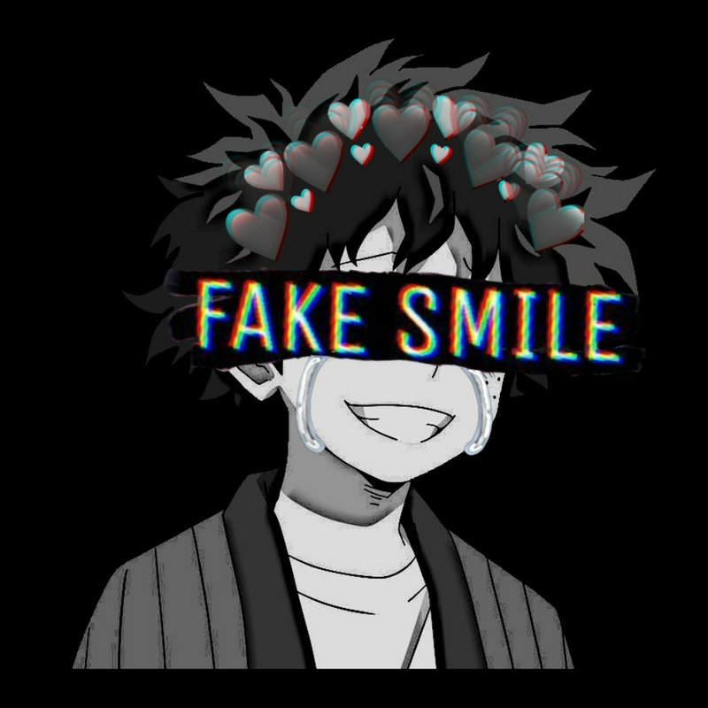 Grayscale cartoon with a glitchy “FAKE SMILE” banner across the eyes and heart emojis above the h...