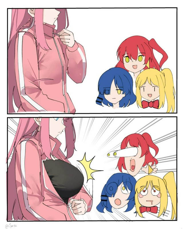 2-panel Bocchi the Rock fan comic showing Hitori unzipping her jacket to the shocked surprise of ...