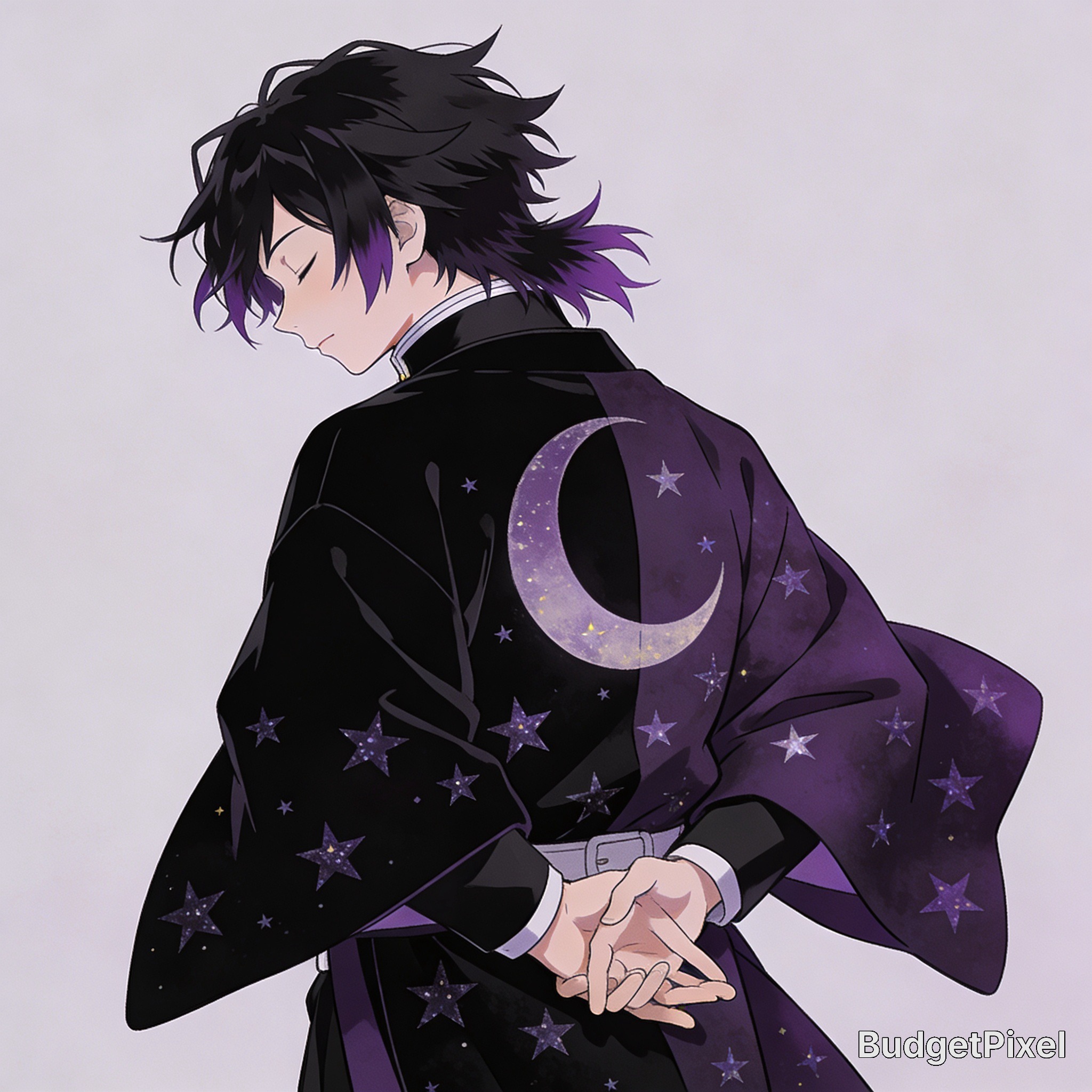Anime-inspired character in a dark cloak with purple stars and a crescent moon, hands clasped behind.