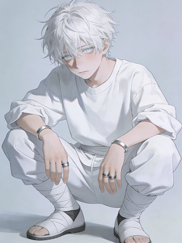 Anime-style white-haired boy crouching in a white outfit with silver bracelets and rings.