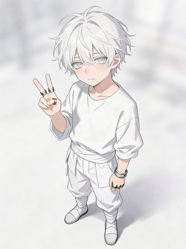 Chibi anime boy with white hair making a peace sign in white outfit.