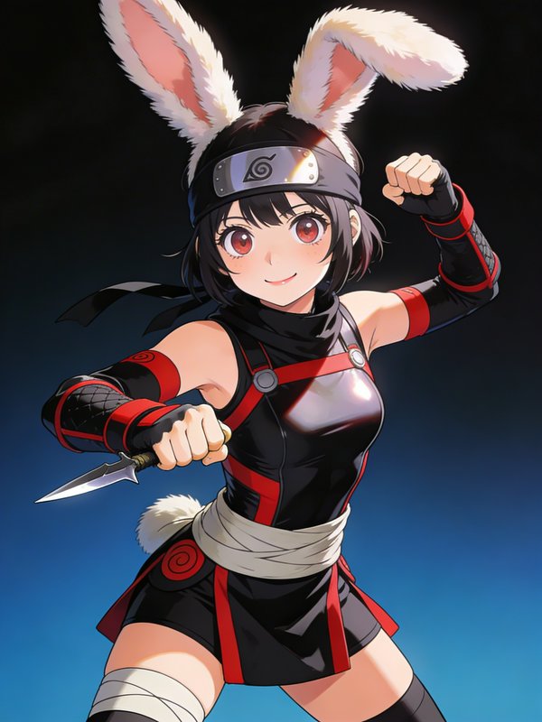 Anime-style female ninja with bunny ears, black-red outfit, and dagger in a dynamic combat pose.
