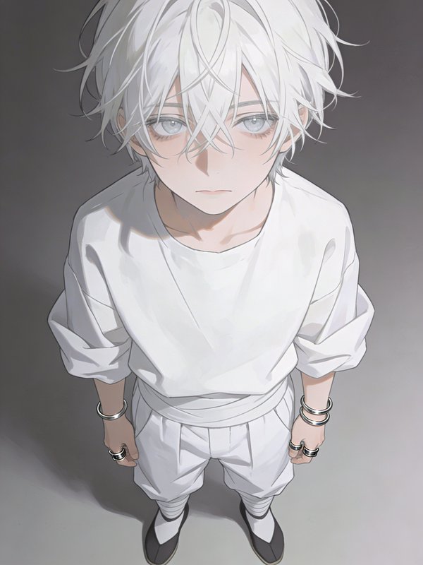 Anime-style white-haired boy in a white outfit looking up with a somber expression