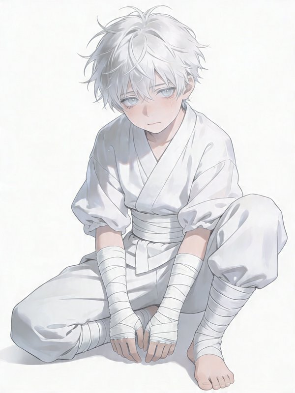 Boy with white hair in a white martial arts gi, sitting barefoot with bandaged hands and a sad ex...