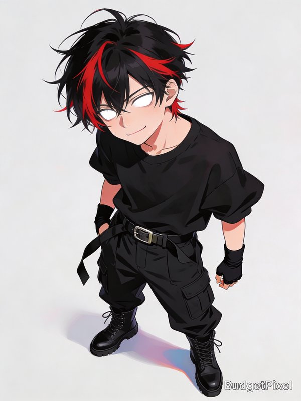 Anime-style punk boy with black hair and red highlights in a black outfit