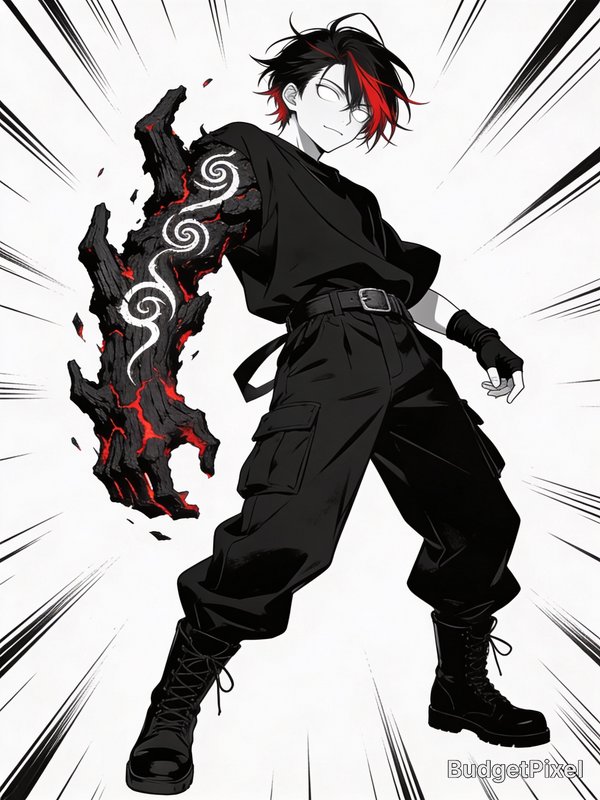Anime character in black outfit with a volcanic, fiery arm and red-tinted hair in a dynamic pose.