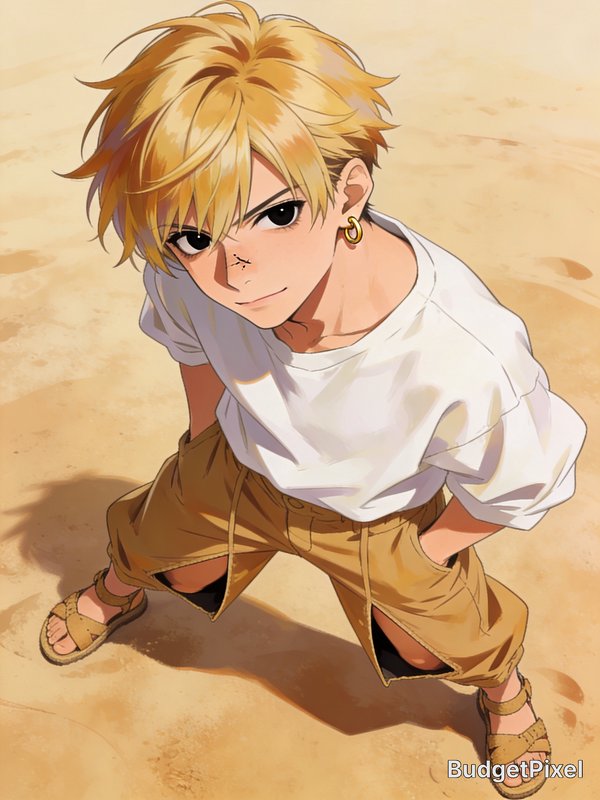 Anime-style young blond-haired boy in a white tee and tan shorts stands on sandy ground.