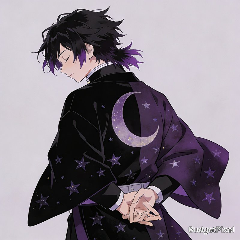 Anime-inspired character in a dark cloak with purple stars and a crescent moon, hands clasped beh...