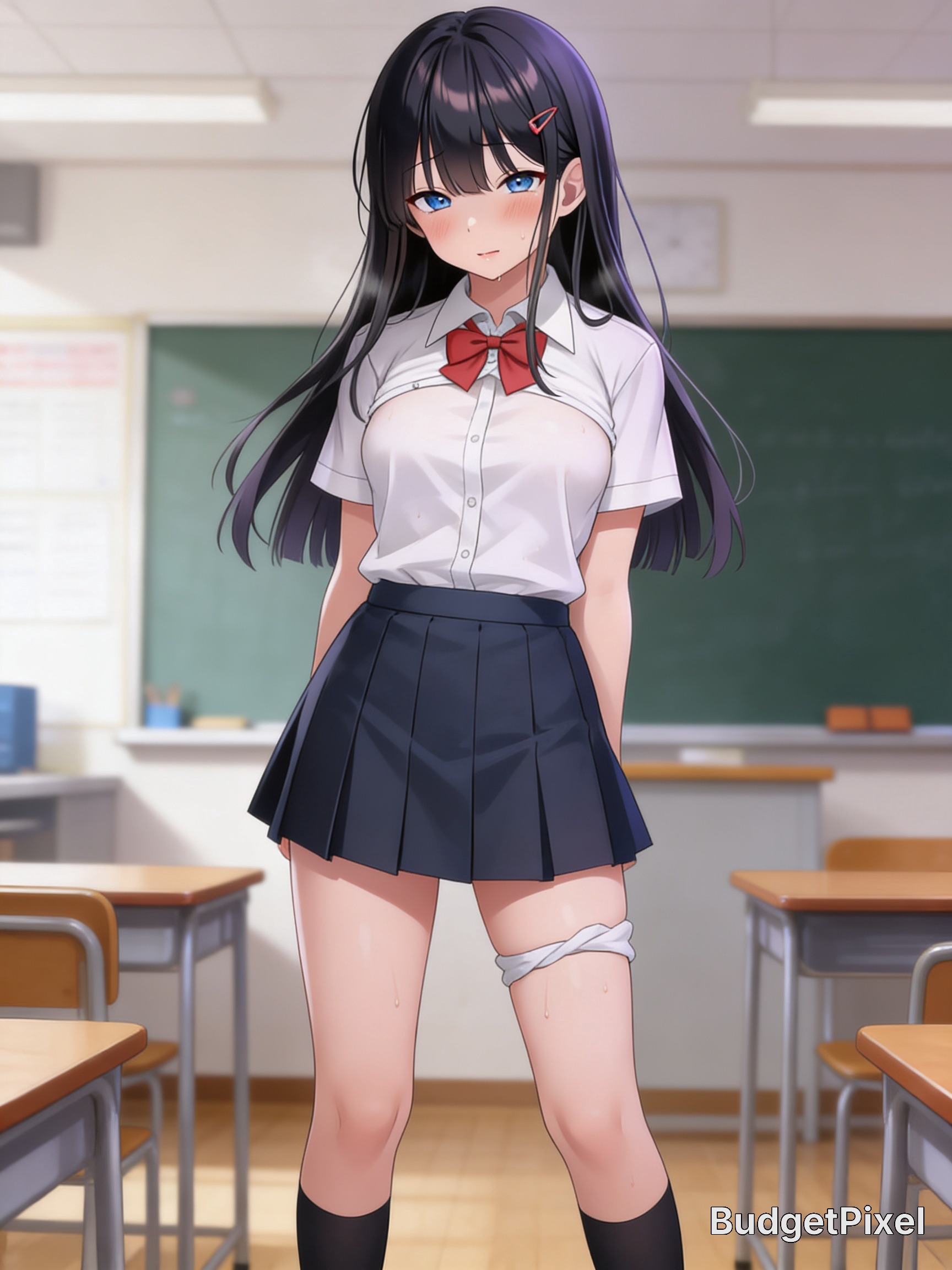 Anime-style student in a white blouse and navy pleated skirt standing in a classroom.