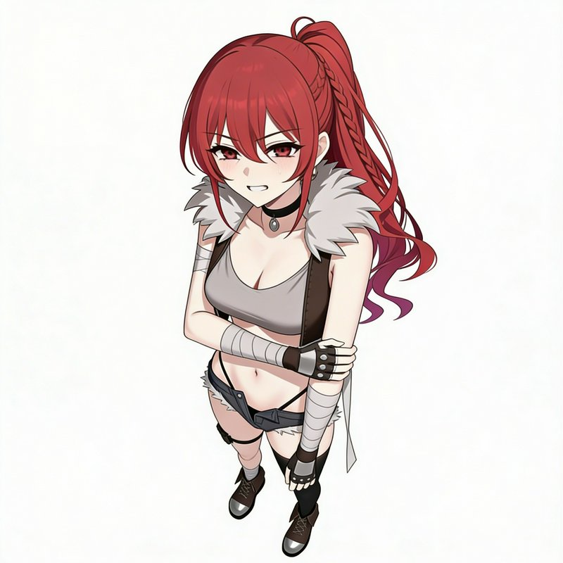 Anime-style red-haired girl in a punk outfit with fur collar, crop top, and bandages.