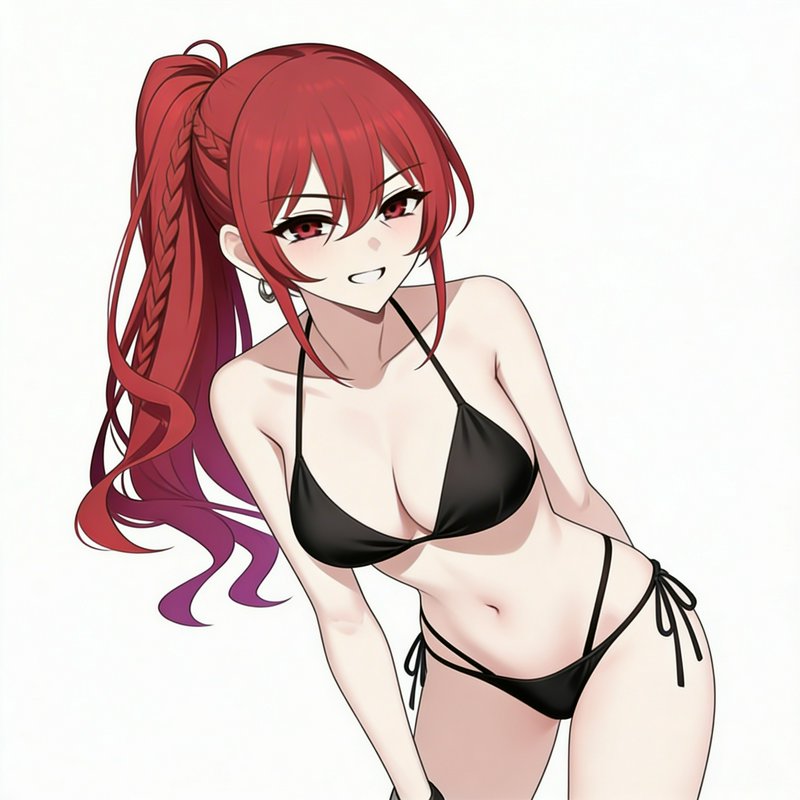 Anime-style red-haired girl in a black bikini posing playfully.