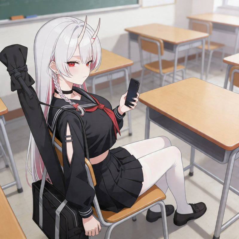 Anime-style schoolgirl with white hair and horns, in a black uniform, sitting in a classroom and ...