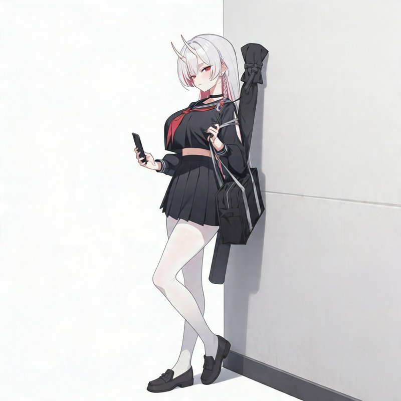 Anime-style girl with white hair and small horns in a black sailor uniform, leaning against a wal...