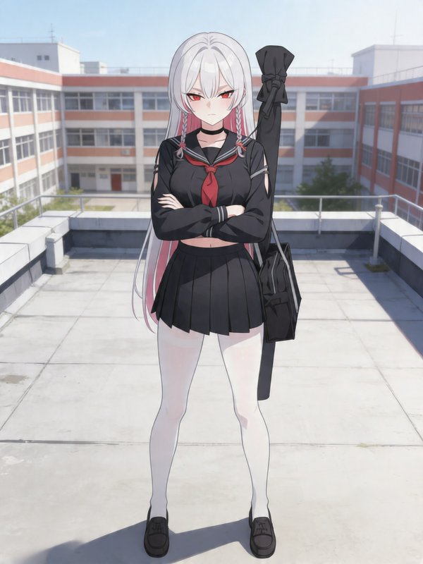 Anime-style high school girl with white hair and red eyes in a black uniform on a rooftop, carryi...