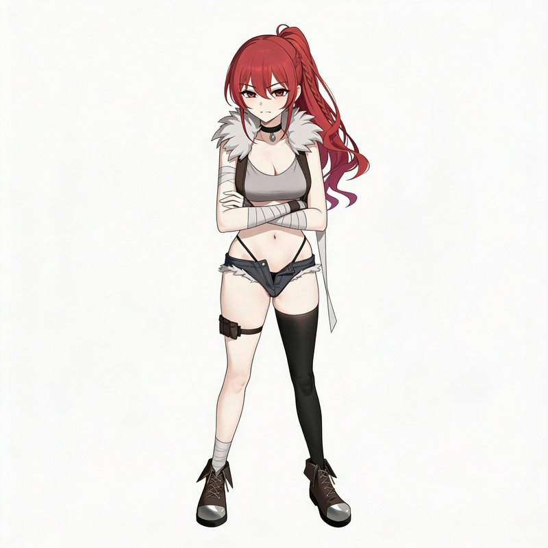 Anime-style red-haired girl with crossed arms, wearing a cropped top, fur collar, tattered shorts...