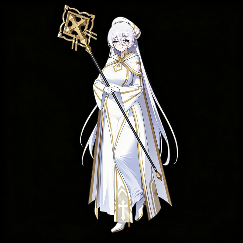 Anime-style female priestess in white and gold robes holding an ornate gold staff.