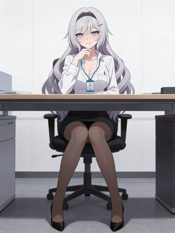Anime office worker with long silver hair sits at a desk in an office chair.