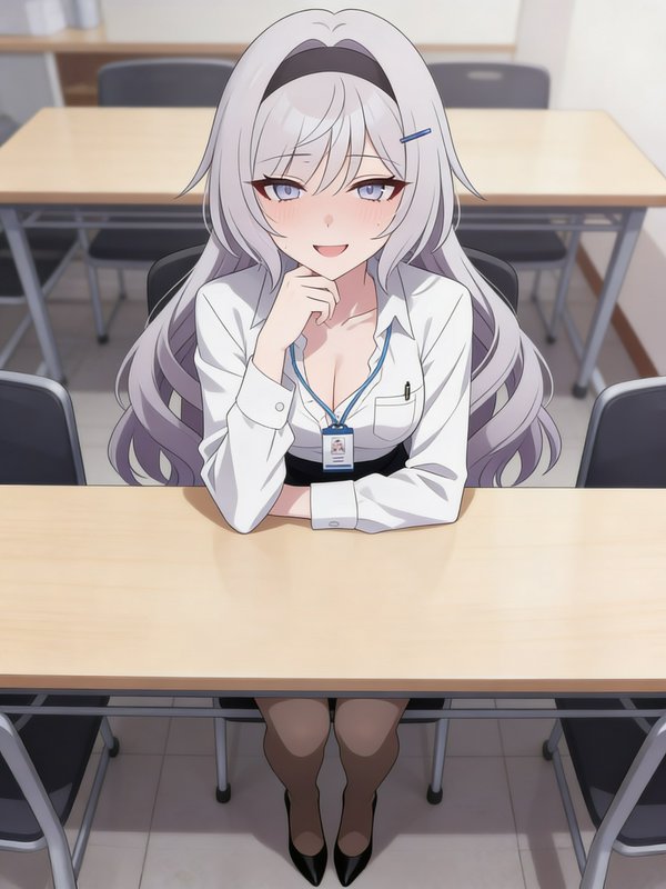 anime-style silver-haired woman in a white blouse with a lanyard, sitting at a desk in a classroo...