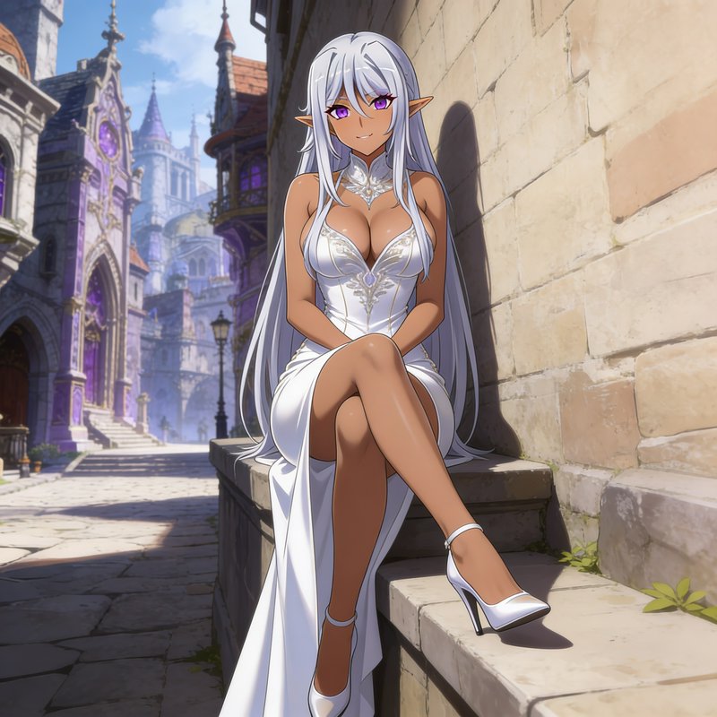 anime elf woman in a white gown sitting on stone steps in a fantasy city