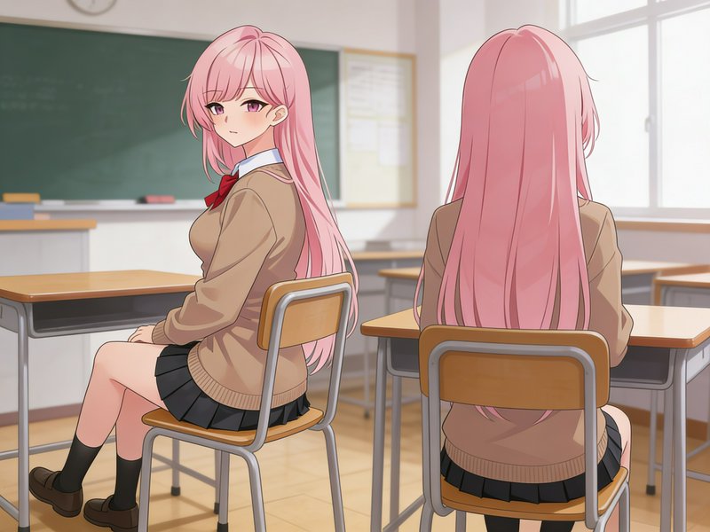 Two pink-haired anime schoolgirls in tan sweaters sit on desks in a bright classroom.