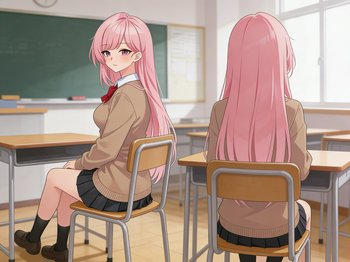 Two anime-style schoolgirls with long pink hair in a classroom; one looks back toward the camera ...