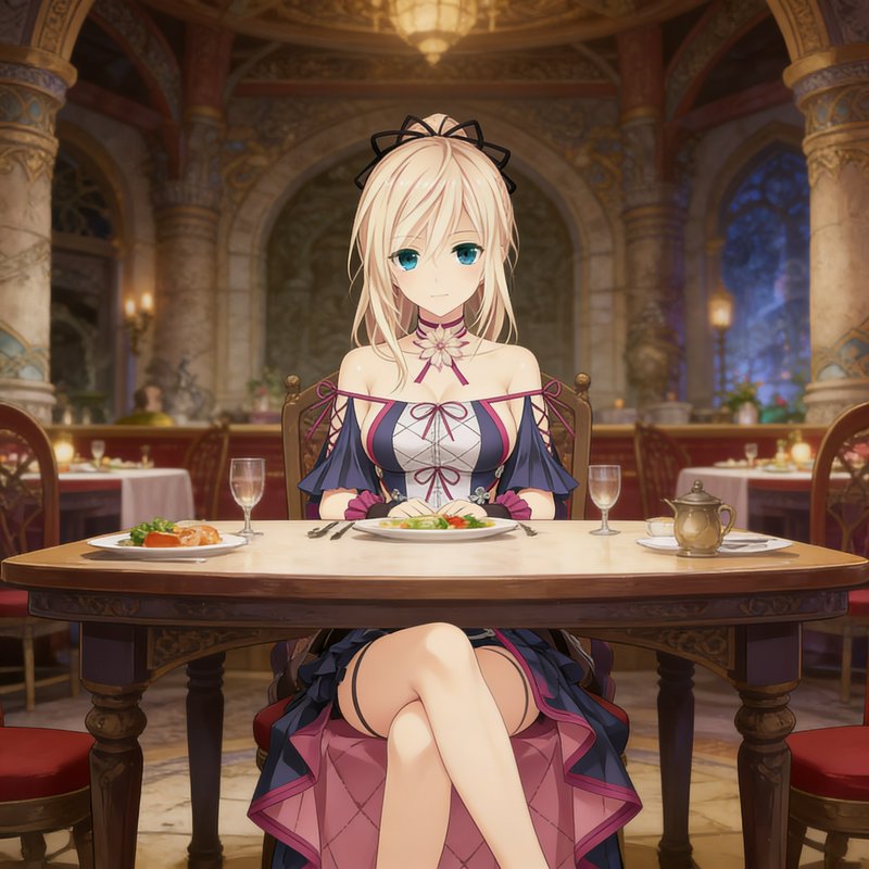 Anime-style blonde girl in an elegant restaurant, seated at a table with a plated meal.
