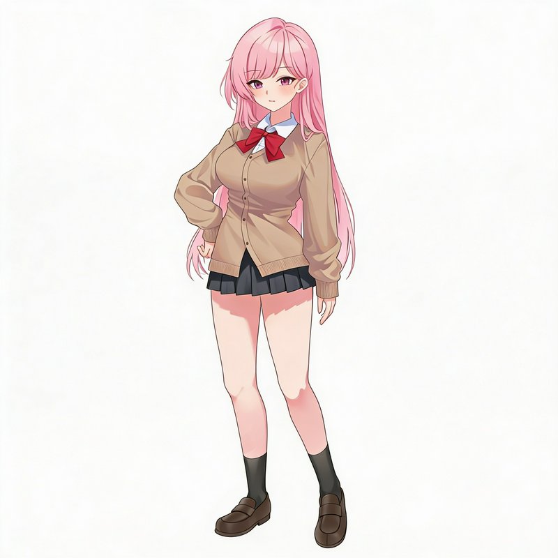 Anime girl with long pink hair in a beige cardigan, white shirt, red bow, black pleated skirt, so...