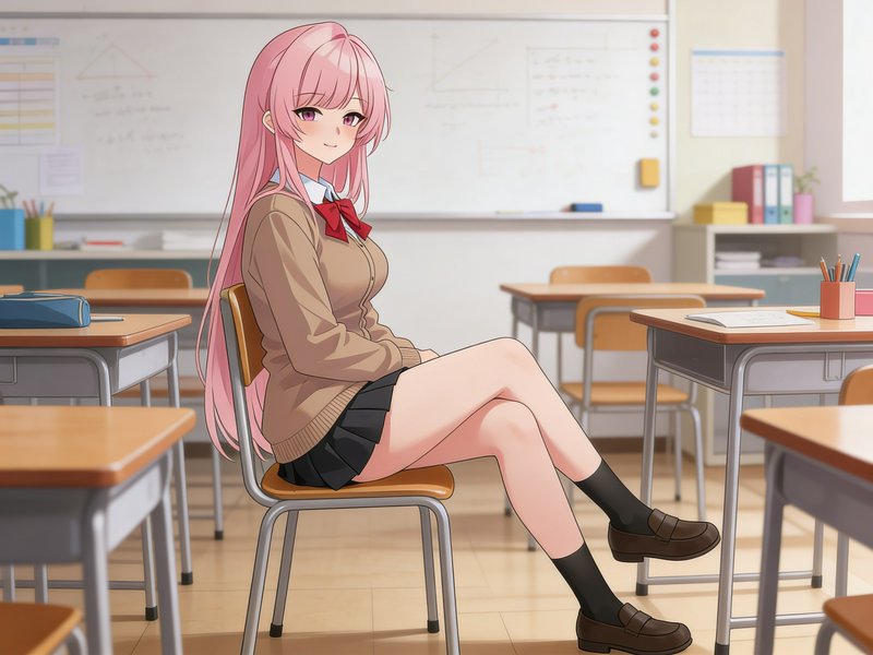 Anime-style pink-haired girl sits on a chair in a bright classroom, wearing a beige sweater, red ...