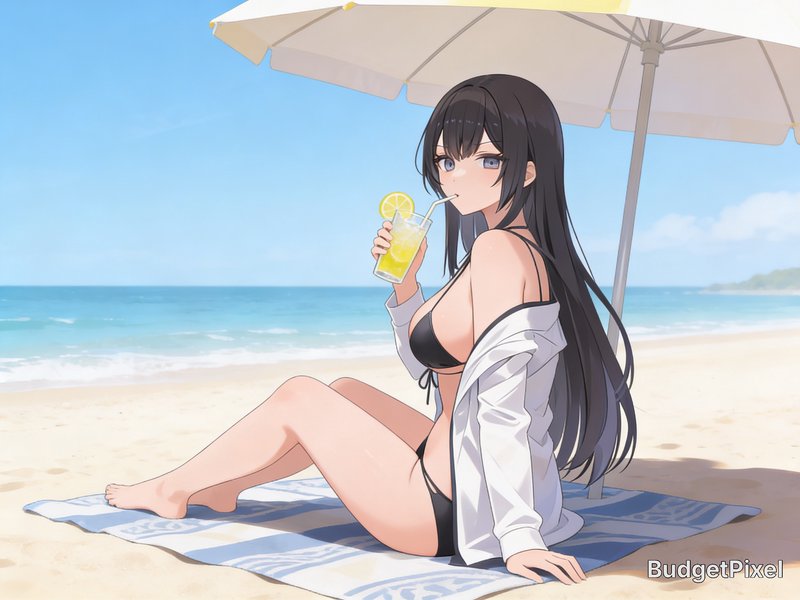 Anime-style girl in a black bikini sits on a beach towel under a parasol, sipping a lemon drink.