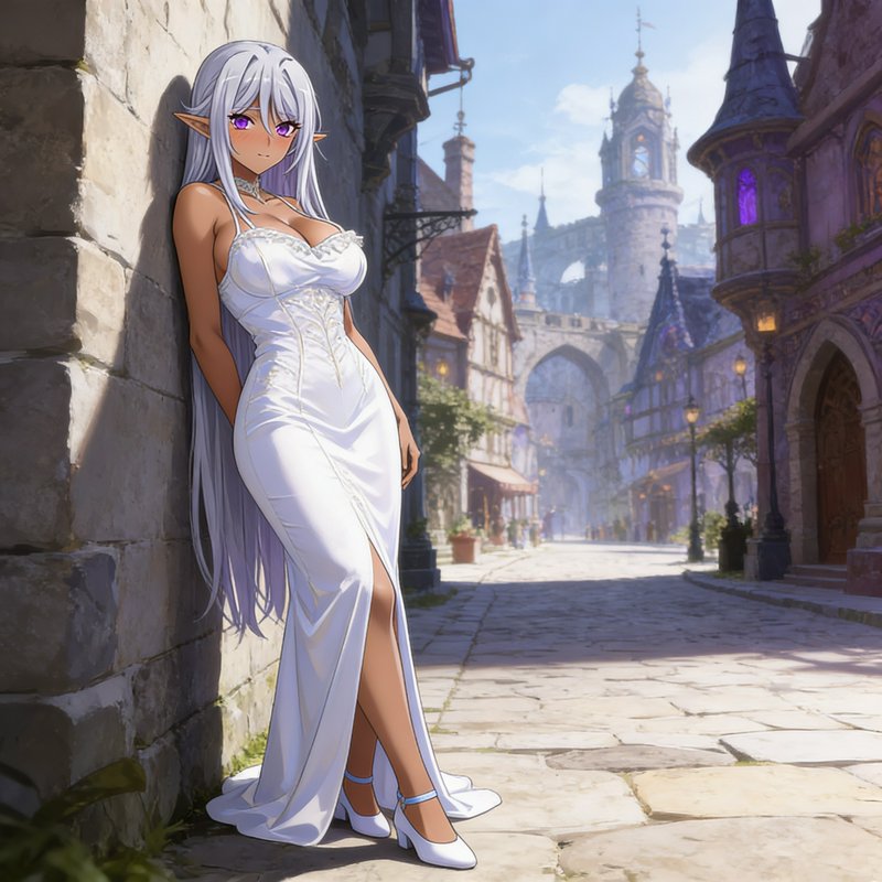 Anime elf woman with long silver hair in a white gown leaning against a stone wall in a sunlit me...