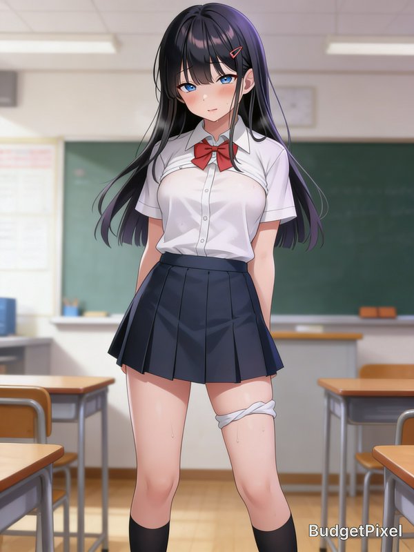 Anime-style student in a white blouse and navy pleated skirt standing in a classroom.