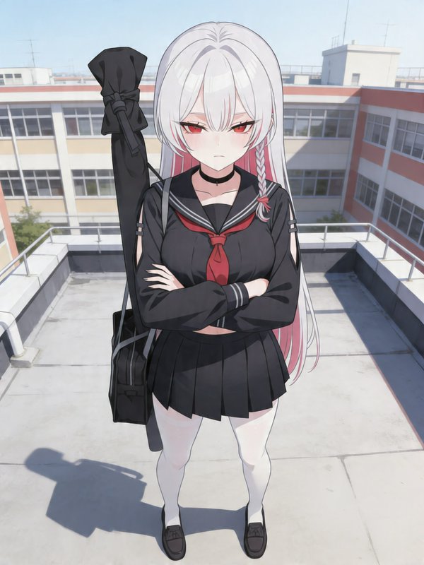 Anime-style girl with long white hair and red eyes in a black school uniform on a rooftop, arms c...