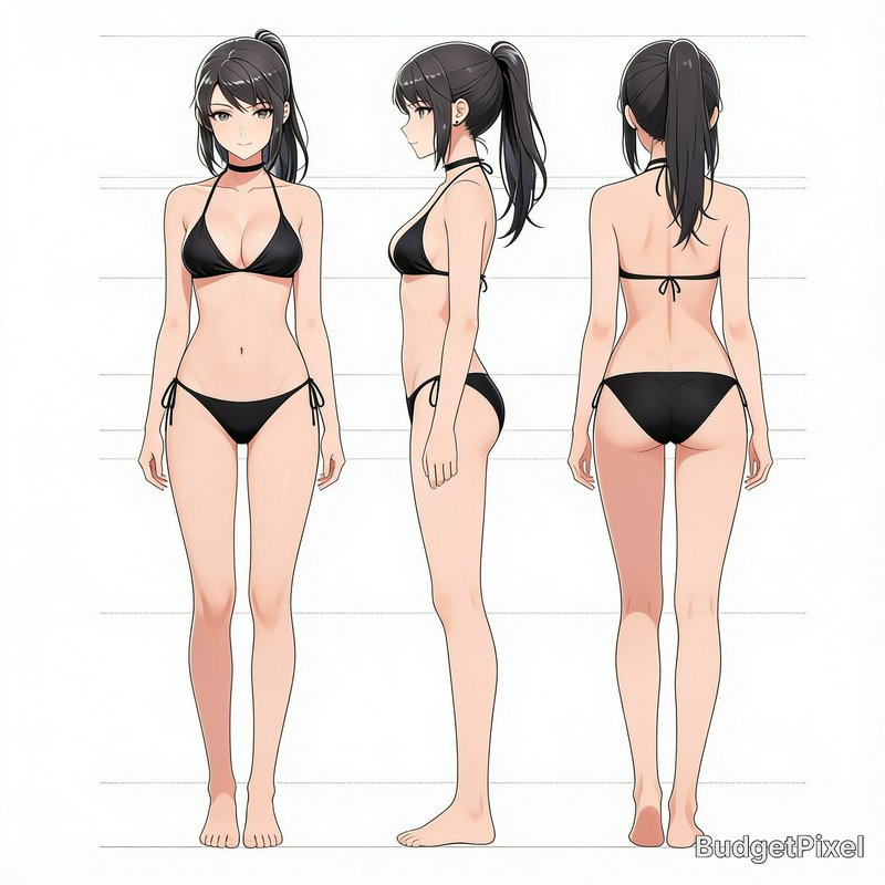 Anime-style 3-view illustration of a woman in a black bikini (front, side, back) with ponytail.