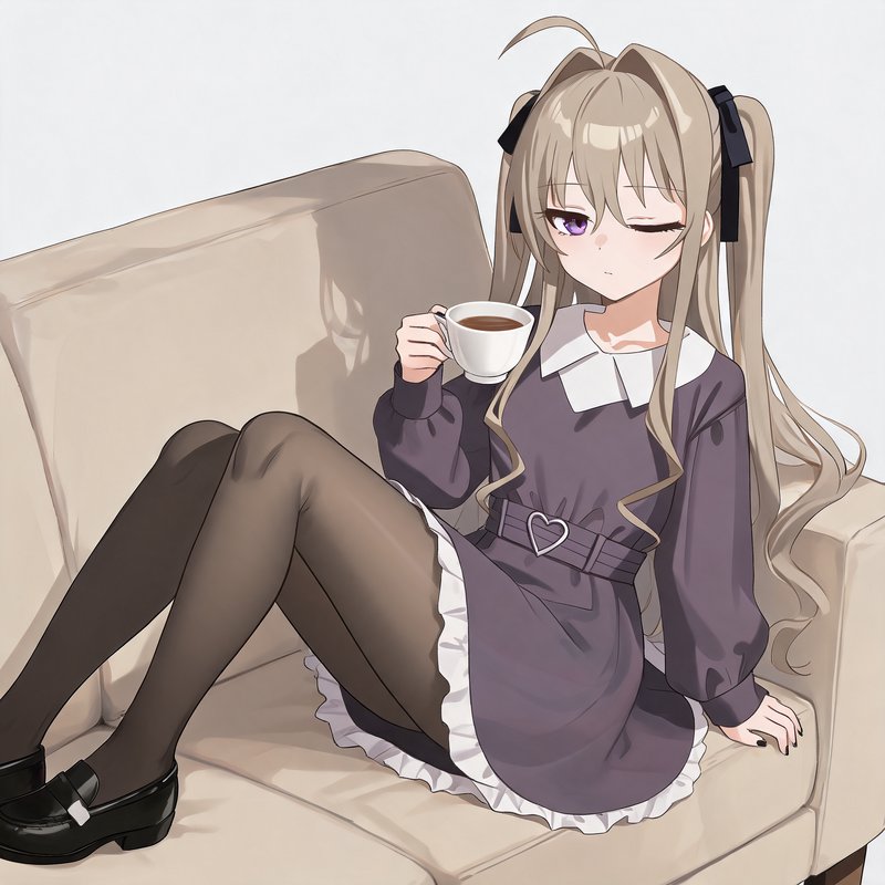 Light blonde twin-tailed anime girl winks holding a coffee cup while seated on a beige couch